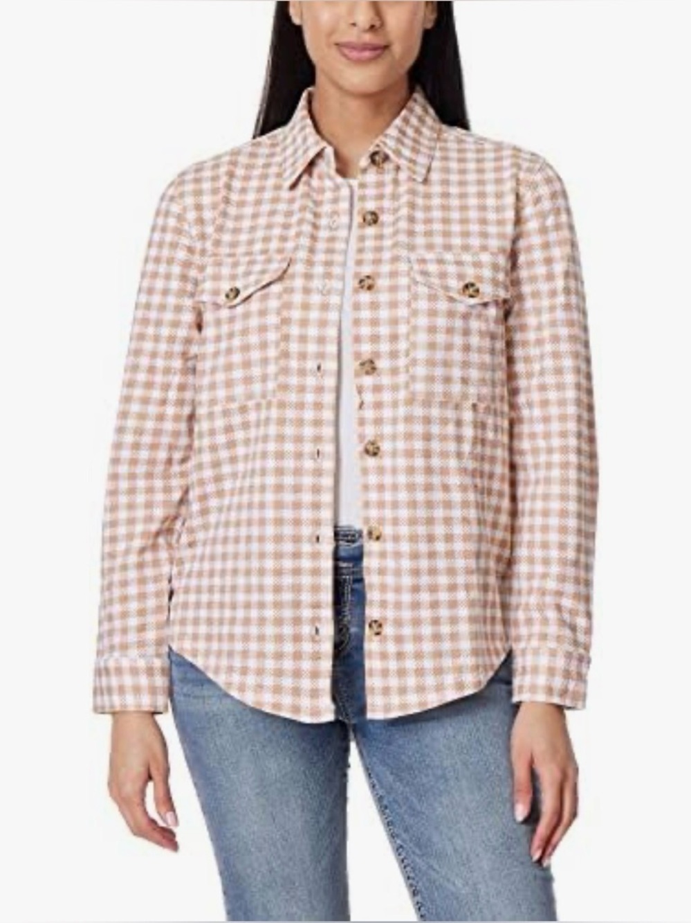 Wallflower Brown and White Beige Houndstooth Button-Up Shacket Flannel Small NWT